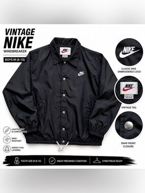 Vintage Nike Windbreaker Boys M 8-10 Black Snap Jacket Youth Lightweight